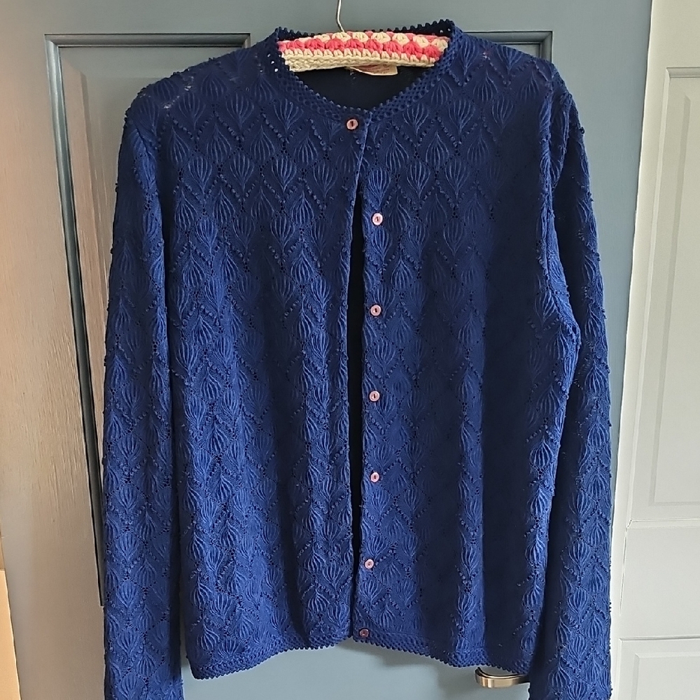 Vintage Fashion Wear Blue Sweater Textured Cardigan 60s Women Med/large Crochet